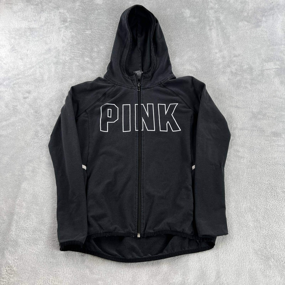 PINK Victoria's Secret Zip Hoodie Womens XS Black Logo Athleisure Sweatshirt Y2K